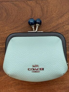 COACH Light Blue Pebble Leather Blueberry Kisslock Coin Purse